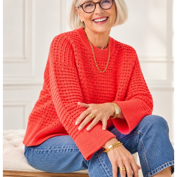 Alice Walk Sweaters - Alice Walk | Cotton Cashmere Crochet Pullover Sweater Papaya | Sz XS
